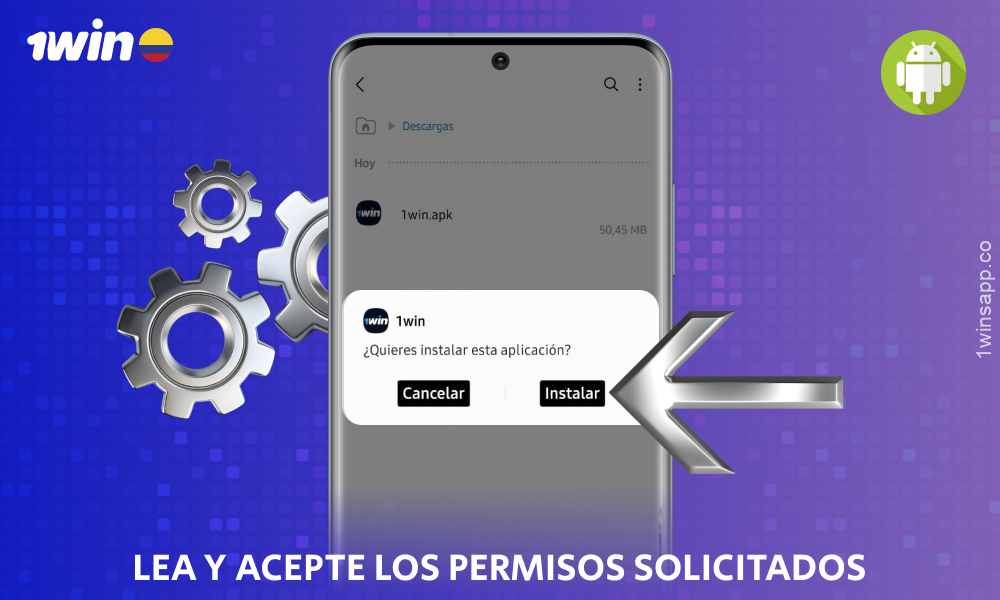 Confirma la instalación de la aplicación móvil 1win para Android