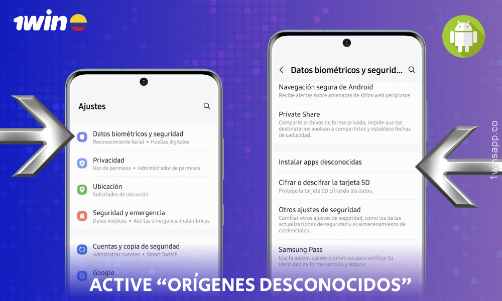 En la sección Seguridad de tu smartphone, permite la instalación desde fuentes desconocidas para descargar la aplicación 1win para Android